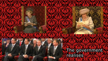 die niederländische Königin, ihr Parlament und der Schriftzug the government realises