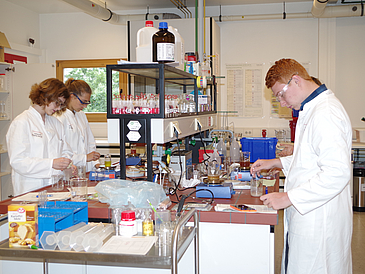 Young women and men stand in a laboratory with protective goggles and examine food.
