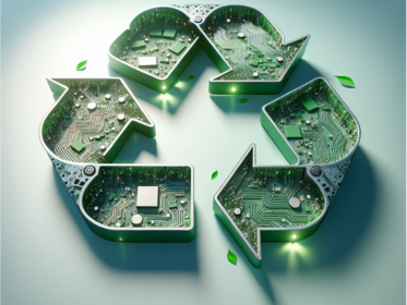 An AI generated picture of a recycling logo filled with e-waste.