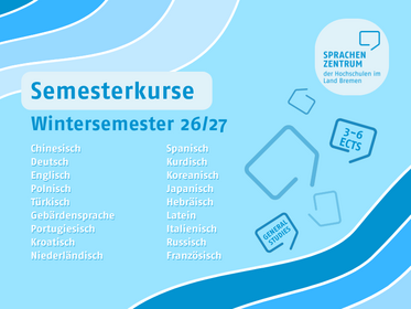Informationen zu den Semesterkursen im Wintersemester 2026/27 des Sprachenzentrums. Angeboten werden Chinesisch, Deutsch, Englisch, Polnisch, Türkisch, Gebärdensprache, Portugiesisch, Kroatisch, Niederländisch, Spanisch, Kurdisch, Koreanisch, Japanisch, Hebräisch, Latein, Italienisch, Russisch und Französisch. Für die Kurse können 3 bis 6 ECTS-Punkte erhalten werden.