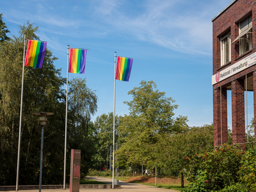 Drei Regenbogenflaggen wurden vor der Universität gehisst.