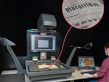 Das Bild zeigt eine Frau, die mit einem Scanner ein Dokument der Bremischen Bürgerschaft einscannt.