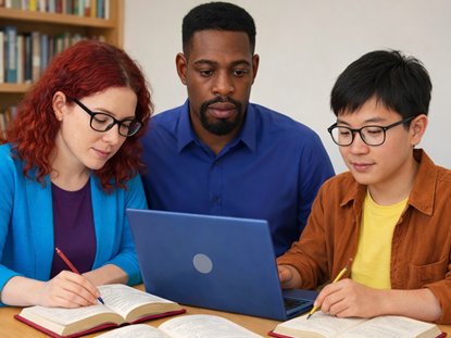Drei Personen sitzen zusammen an einem Tisch in einem Arbeitsraum. Vor ihnen liegen mehrere geöffnete Bücher und in der Mitte steht ein aufgeklappter Laptop. Die Personen sind vertieft in ihre Arbeit: Eine Person schreibt mit einem Stift in ein Notizbuch, eine andere hält ein Buch offen vor sich und die dritte Person schaut ebenfalls auf die Arbeitsmaterialien. Im Hintergrund sind Bücherregale zu sehen, die die Lernumgebung unterstreichen. Die Szene vermittelt Teamarbeit, gemeinsames Lernen und den aktiven Austausch von Wissen in einer ruhigen, konzentrierten Atmosphäre.