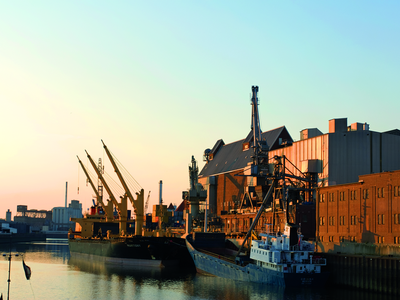 Bremen harbour at sunset.