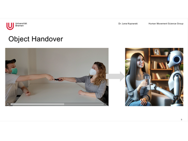 A masked human object handover at a table is contrasted with a futuristic handover between a robot and a woman; the arrow between them symbolizes the progression from human to human–robot handover research.