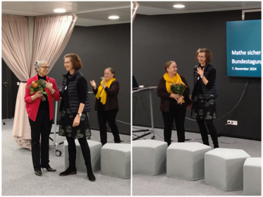 Zwei nebeneinander montierte Bilder. Auf dem linken Bild Christine Knipping mit Anja Krüger, die einen Blumenstrauß hält, im Hintergrund klatschend Susanne Prediger. Auf dem rechten Bild Christine Knipping mit Susanne Prediger, die einen Blumenstrauß hält, im Hintergrund ein Bildschirm mit Teilen des Textes "Mathe sicher können Bundestagung 7. November 2024. Alle sehen fröhlich aus.