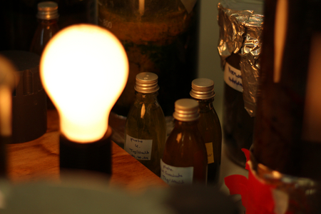 A lightbulb and bottles.