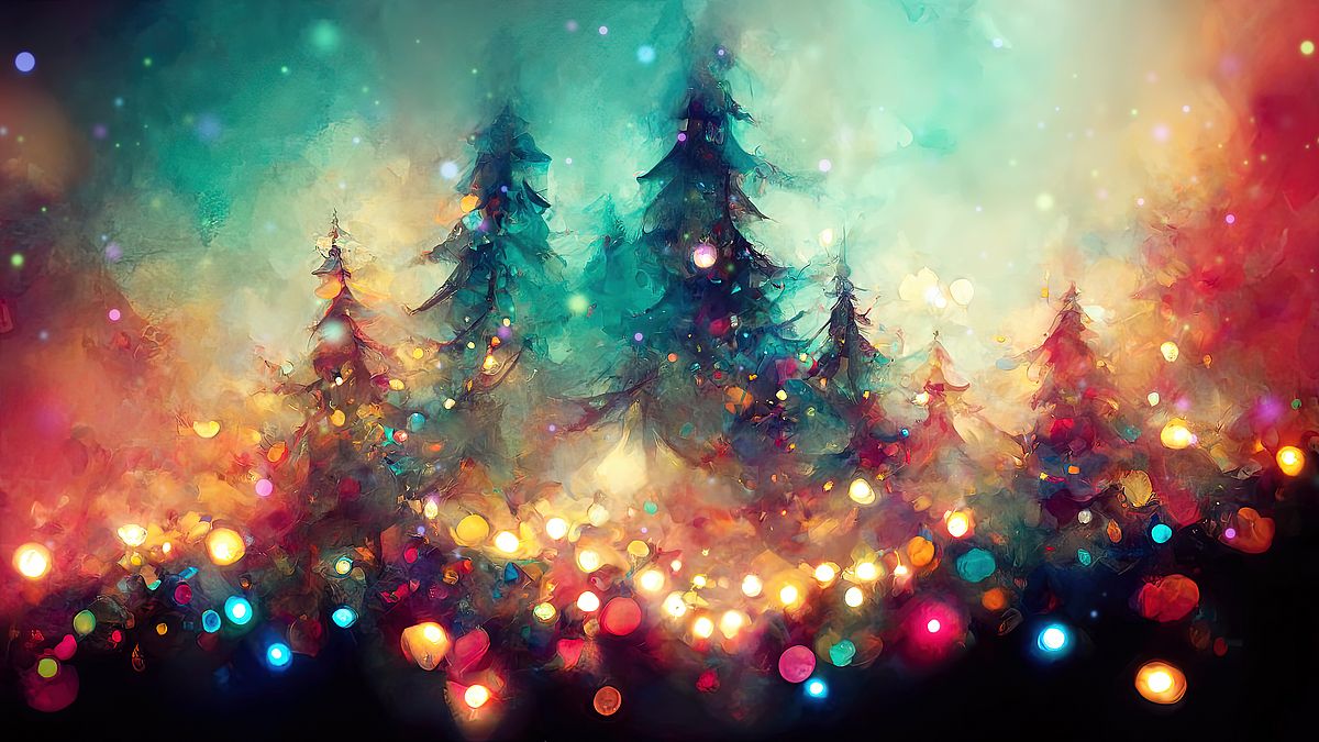 christmas, forest, christmas tree, decorated, advent, tree, watercolor, decoration, celebration, festive, gold, christmas eve, background, light, glowing, magical, fairy tale, fir, christmas time, winter, abstract, illustration, design