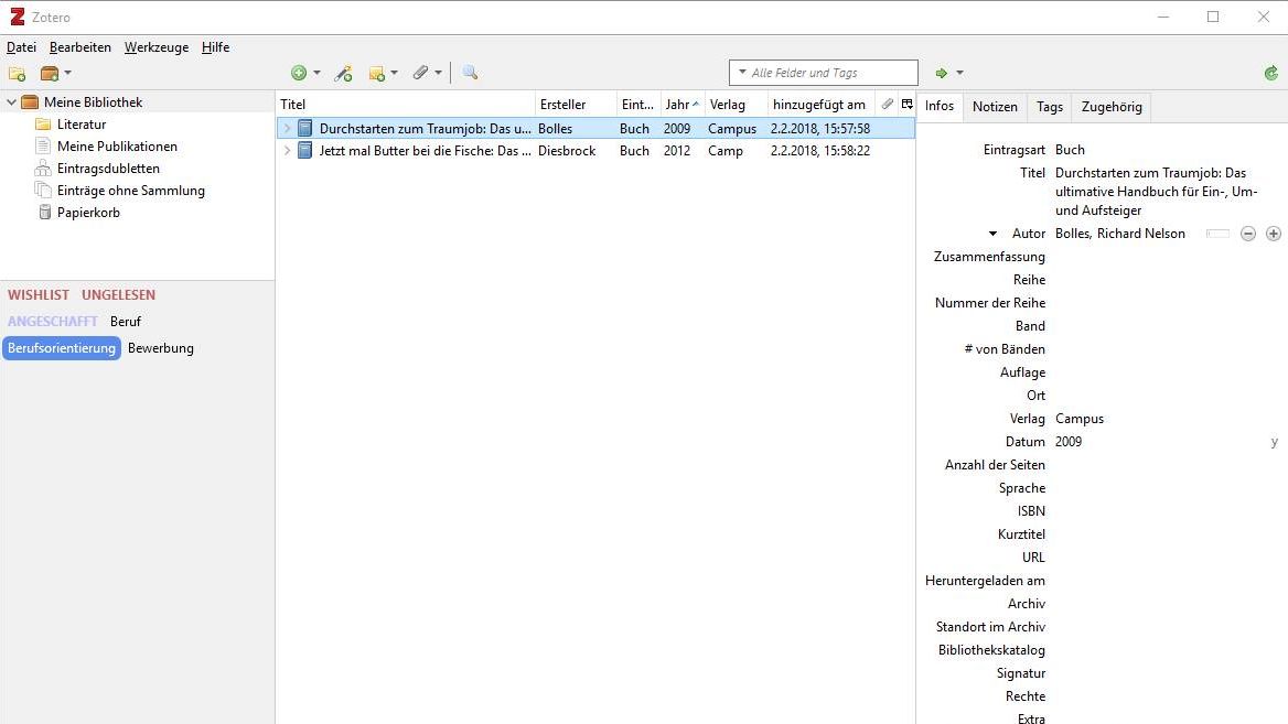 Ansicht des Hauptfensters der Literaturverwaltung Zotero