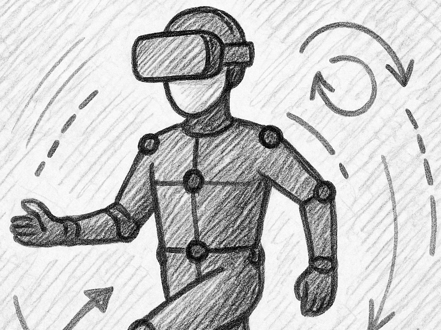 Pencil drawing of a person wearing VR glasses and motion sensors – symbolizing motion capture and virtual research in our labortory..