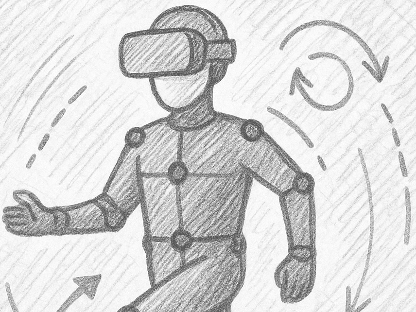 Bleistiftzeichnung einer Person mit VR-Brille und Bewegungssensoren – symbolisiert Bewegungserfassung und virtuelle Forschung.