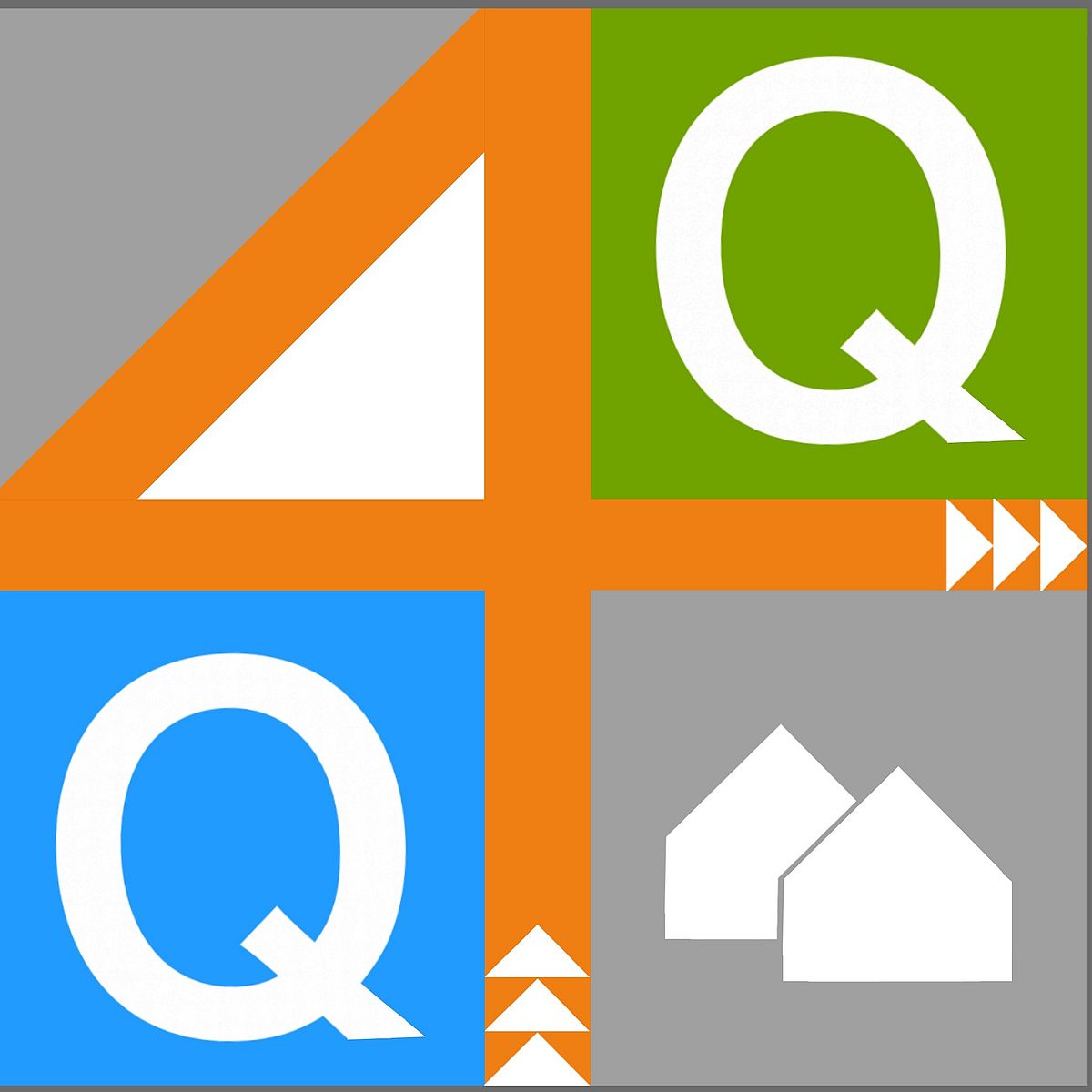 Logo des Projektes Quartier für Quartier, indem das Projektkürzel Q4Q (die 4 wird englisch ausgesprochen) graphisch dargestellt wird: ein Quadrat wird durch eine 4 in orange in 4 Quadrate aufgeteilt. Unten links und oben rechts steht vor blauem bzw. grünem Hintergrund jeweils ein weißes Q.