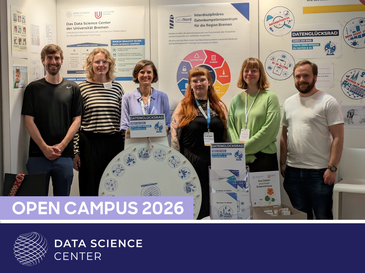 Several people from the DSC team are standing behin the data wheel of fortune