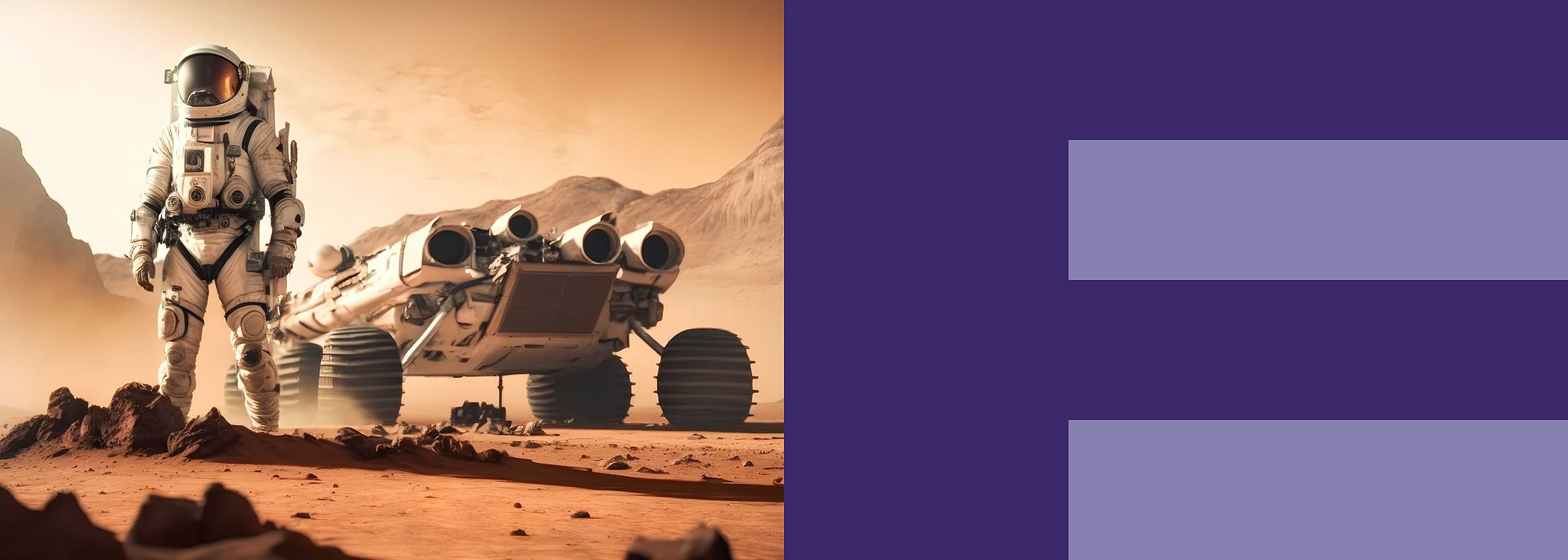 Ein Mensch im Raumanzug und ein fahrender Roboter stehen in einer Wüste.