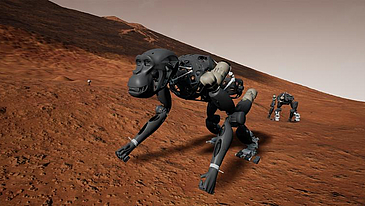 Ein 3D generiertes Bild mit einer Landfläche des Mars und einem Roboter-Affen