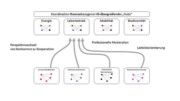 Grafik zur Darstellung der Koordination themenbezogener HS-übergreifender Hubs