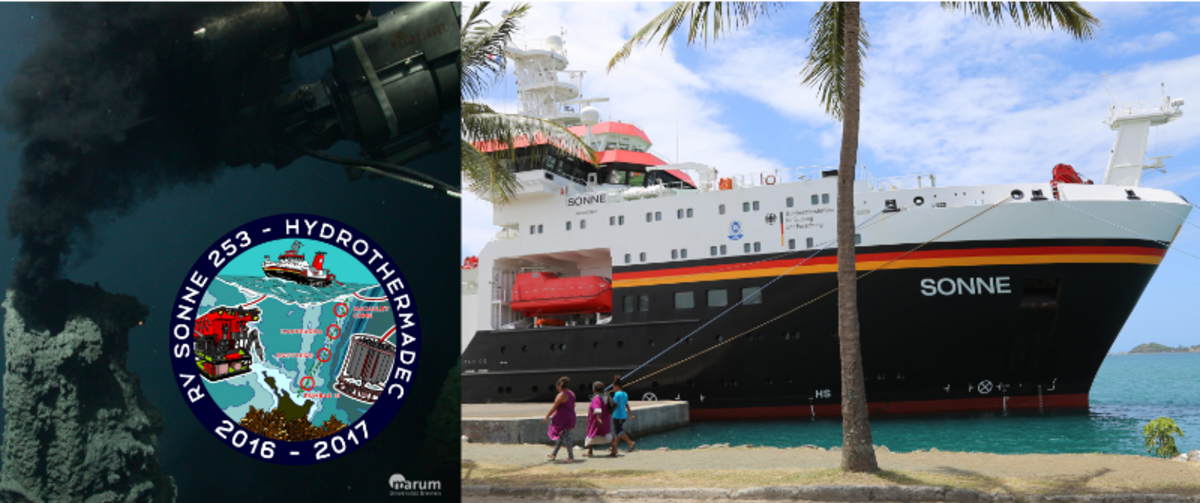 Split image showing a black smoker in the deep sea at the Kermadec Arc on the left and the research vessel Sonne in the sunlit and palm-fringed harbor of Noumea in New Caledonia.