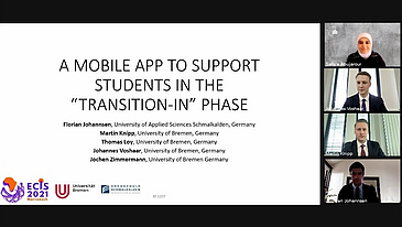 Auf der Linken seite steht der Text A Mobile App to support students in the "Transition-in" phase. Auf der rechten Seite sind 4 Studenten zu sehen.