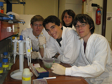 Drei Oberstufenschüler führen ein Chemiexperiment durch