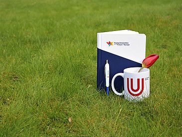 Notebook, cup with tulip and pen on a meadow.