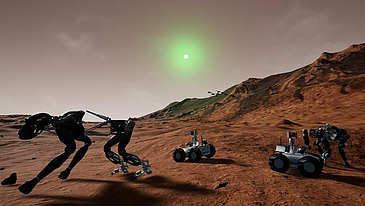 Ein 3D generiertes Bild mit einer Landfläche des Mars und drei Robotern
