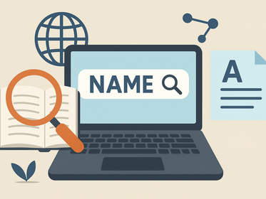 Symbolic image consisting of a laptop and various symbols, with the word ‘Name’ visible on the screen.