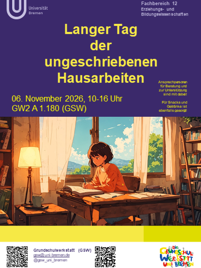 Langer Tag der ungeschriebenen Hausarbeiten im Wintersemester 2026/27 Langer Tag der ungeschriebenen Hausarbeiten findet im Wintersemester 2026/27 am Freitag den 06.11.2026 von 10 bis 16 Uhr statt.
