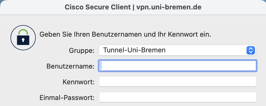 The login dialog. There a choices for the tunnel group. Input fields for username, password and one-time-password.