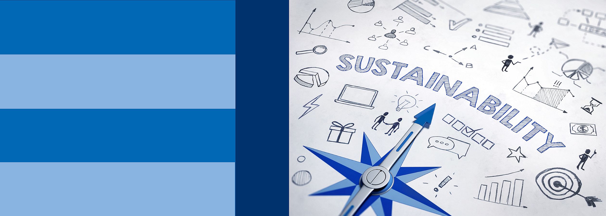 Nachhaltigkeitskonzept mit blauem Kompass. 3d Wiedergabe.