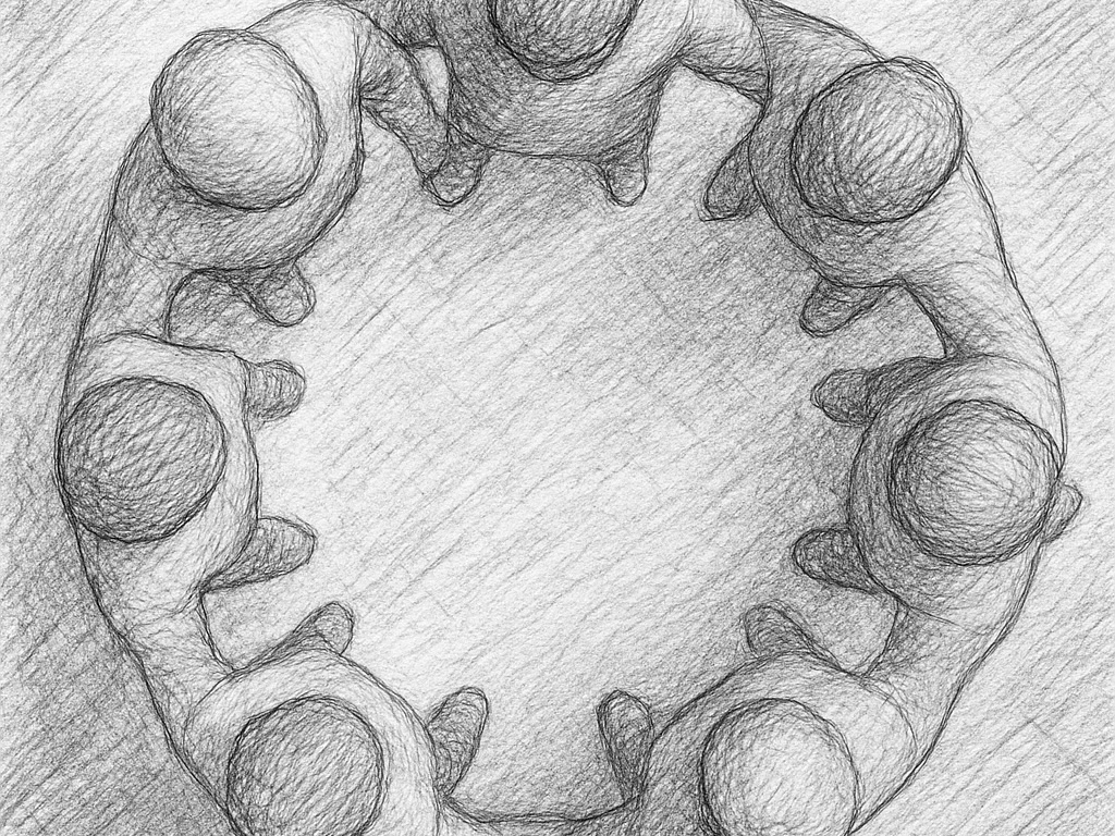 Bleistiftzeichnung von sieben Personen, die im Kreis stehen und sich an den Schultern halten – symbolisiert Teamarbeit und Zusammenhalt.