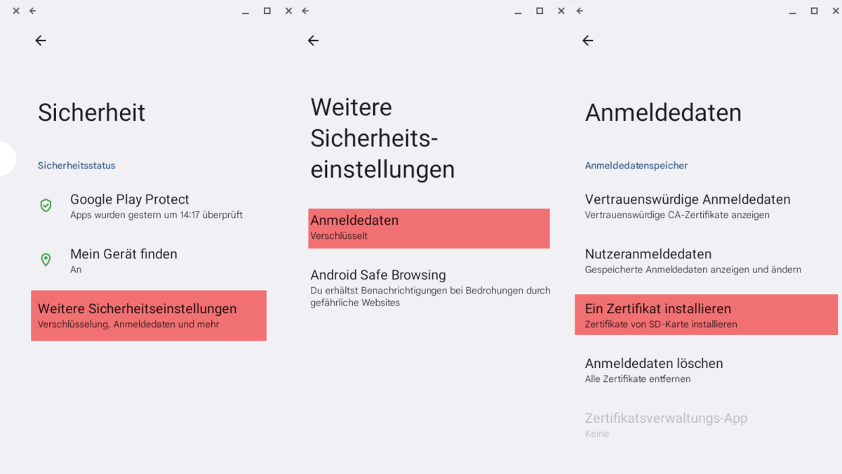 Zertifikatseinstellungen in den Android-Einstellungen