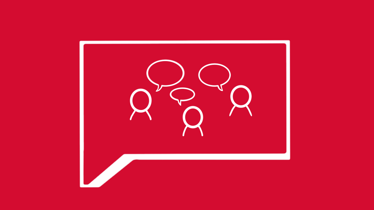 Eine Sprechblase, die gezeichnete Figuren zeigt, die miteinander reden.