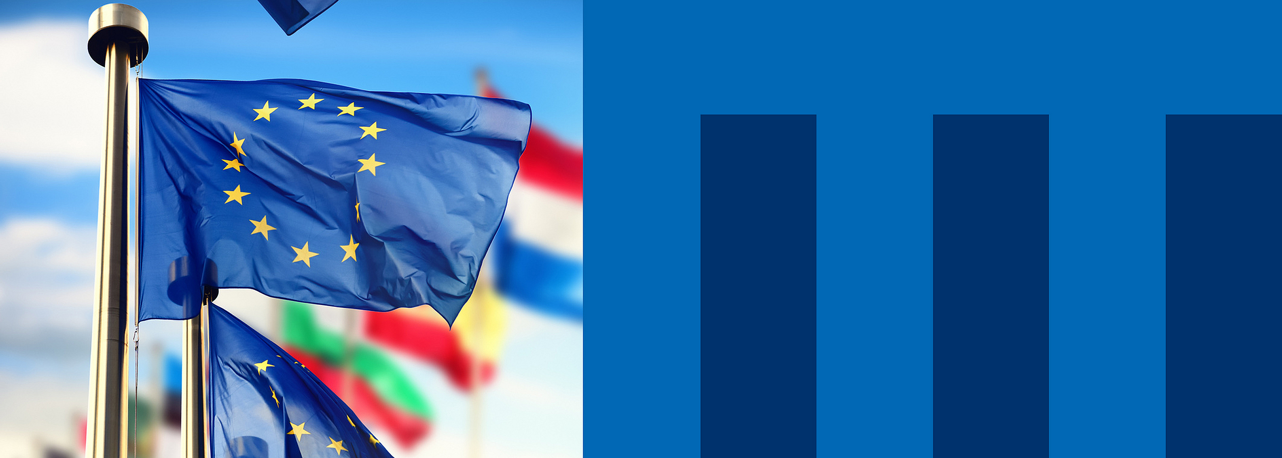 Eine Europaflagge weht an einem Fahnenmast, im Hintergrund sind Flaggen verschiedener Länder zu sehen