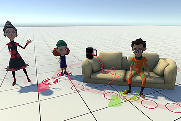 first.stage ermöglicht die Platzierung von Figuren und Objekten im virtuellen Raum. Bewegungen werden mit Hilfe der farbigen Markierungen geplant und umgesetzt.