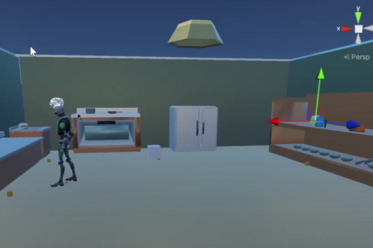 Screenshot from a Virtual Kitchen, with a Robot Performing a Recipe Cooking Task