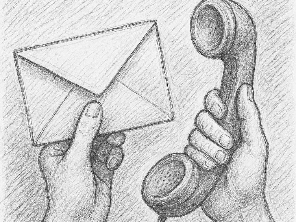 Bleistiftzeichnung von zwei Händen – eine hält einen Umschlag, die andere einen Telefonhörer; symbolisiert die Herstellung von Kontakt.