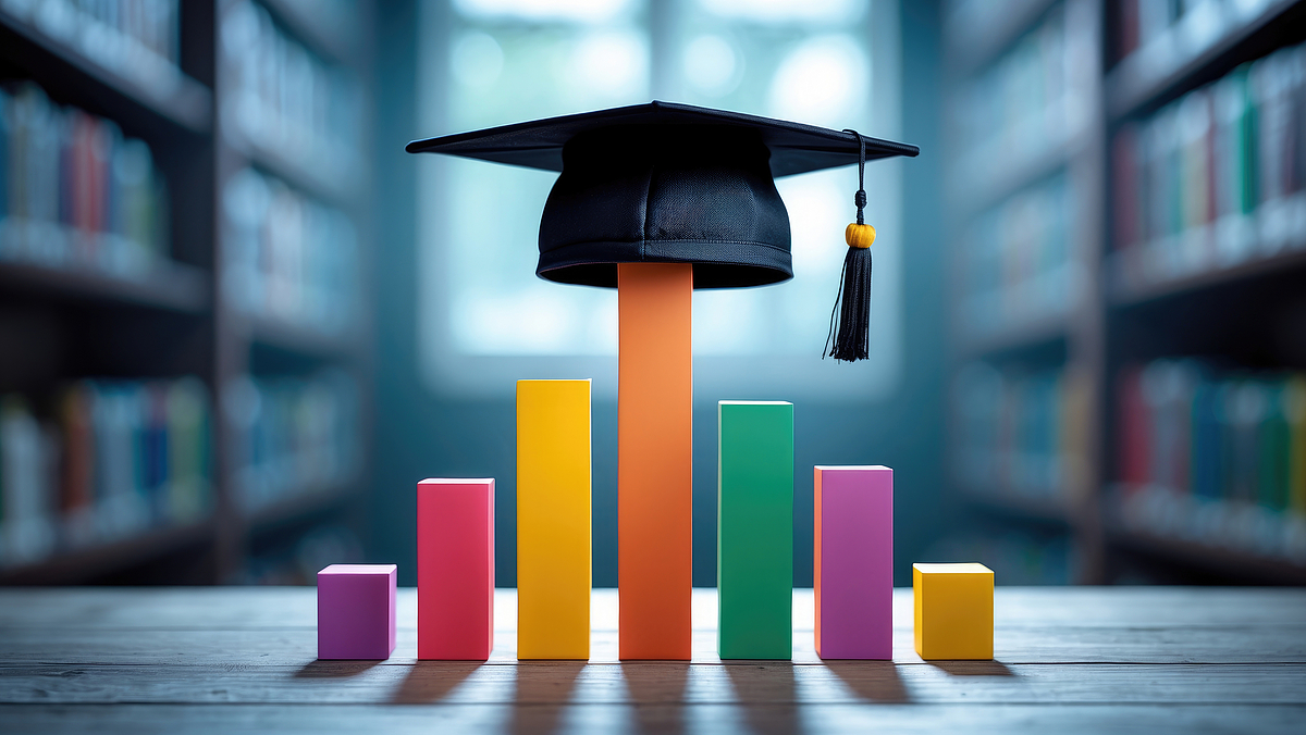 Balken Diagramm auf Tisch mit Abschluss Hut