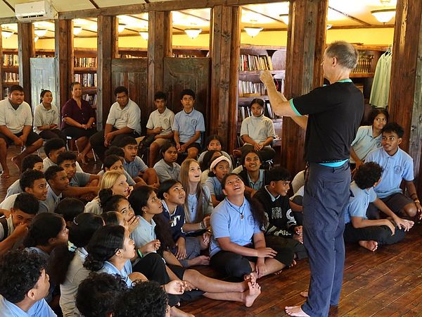 Professor Justus Notholt teaches a physics lesson at the Catholic High School on the island of Yap