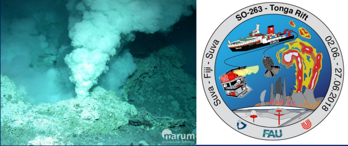 Split image with a white smoker in the deep sea at the Tonga Arc on the left and the logo of the SO263 expedition showing the ship and a diving robot on the right.