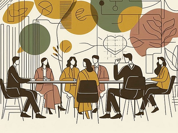 KI-generiertes Bild, zeigt mehrere Menschen gezeichnet an einem Tisch, sie unterhalten sich