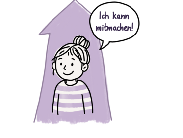 Ein Mädchen mit gestreiftem Pullover vor einem Pfeil, der nach oben zeigt. In einer Sprechblase steht Ich kann mitmachen.