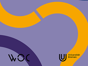 Abstrakte Formen in Lila und Gelb, darauf die Logos von World of Contradictions und Universität Bremen