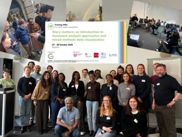 Teilnehmende Nachwuchswissenschaftler:innen und Referierende in einer Collage mit Regenbogen, Veranstaltungstitel und weiteren Fotos