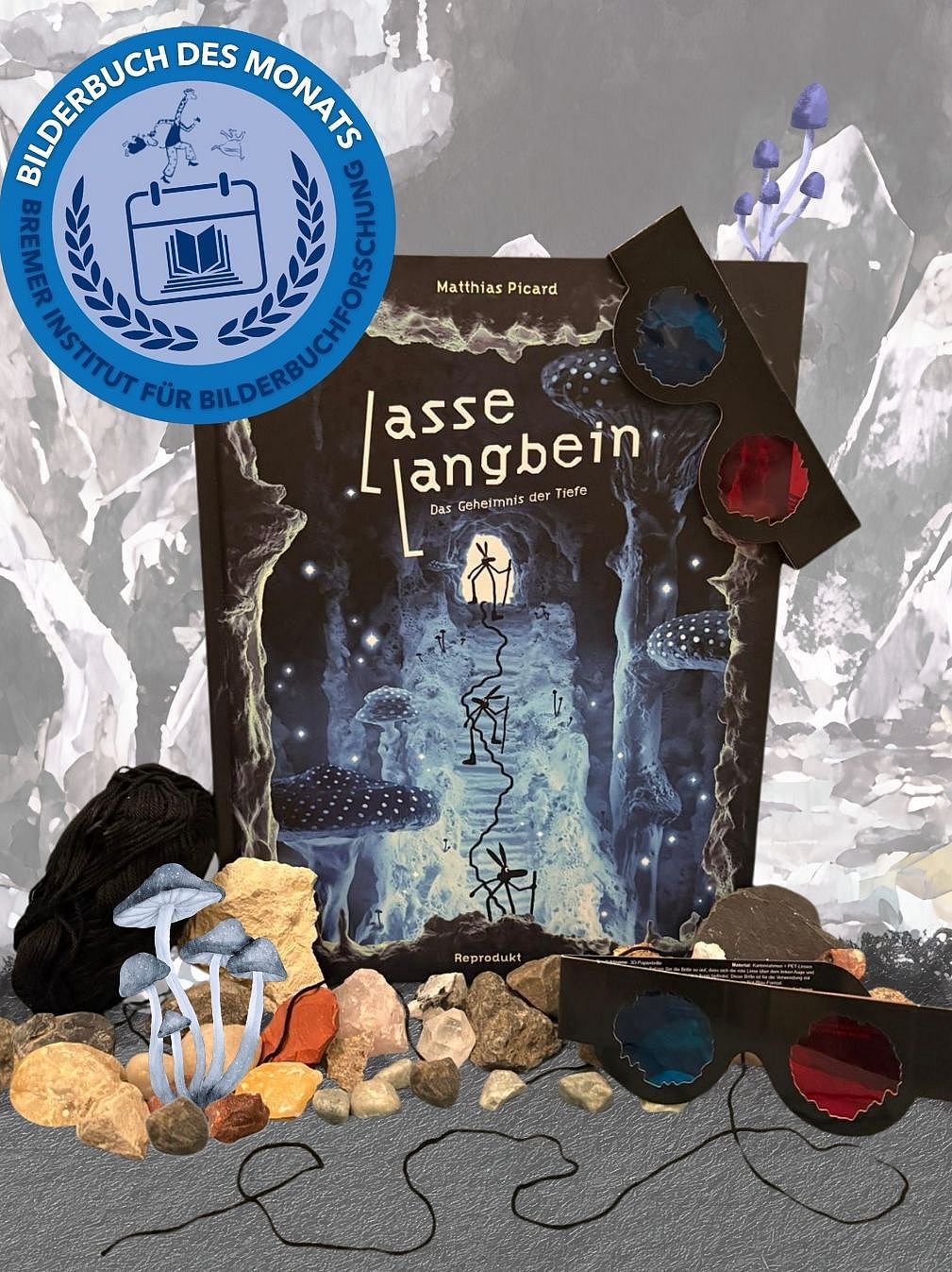 Bilderbuch des Monats Dezember: Lasse Langbein Das Bild zeigt das Cover des Bilderbuches Lasse Langbein, auf dem man sieht, wie Lasse sich an einem Seil entlang eine Treppe hinunter in eine Welt aus gigantischen Pilzen hangelt.