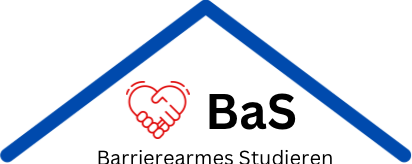 Das Logo der Initiative Barrierearmes Studieren: ein blaues Dach unter dem sich zwei rote Hände in Form eines Herzens ineinandergreifen