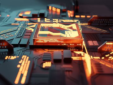 Das Foto zeigt eine 3D-Illustration eines futuristisch leuchtenden Quantencomputer-Prozessors.