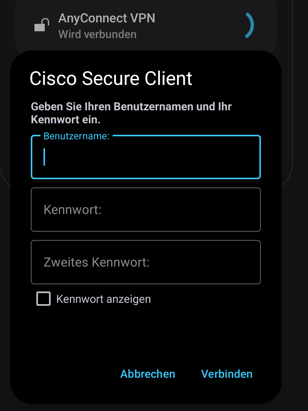 Das Bild zeigt die Loginmaske für das VPN. Es werden die Eingebefelder Benutzername, Kennwort und Zweites Kennwort angezeigt.