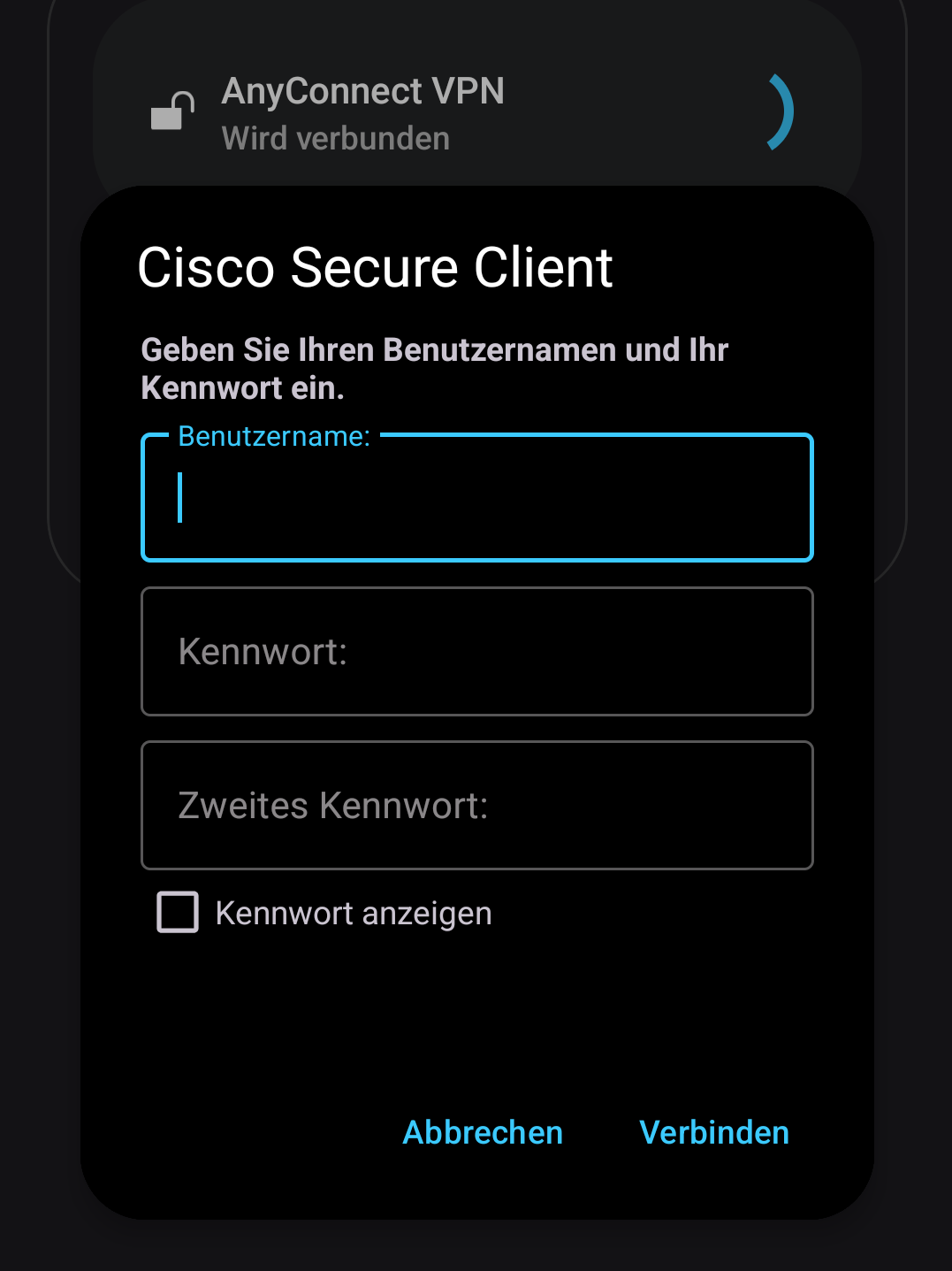 [Translate to English:] The image shows the login screen for the VPN. The input fields for username, password and second password are displayed.