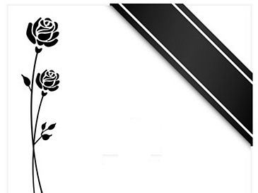 Schwarze Trauerschleife mit schwarzer Rose auf weißem Grund.