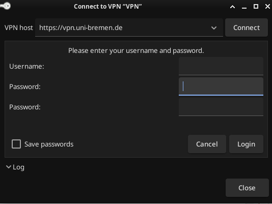 The Openconnect login window. There is a drop-down menu for selecting the tunnel type. There are input fields for ‘Username’, “Password” and another field for ‘Password’.